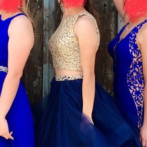 Ellie Wilde Gold and Navy Crop Top Prom Dress